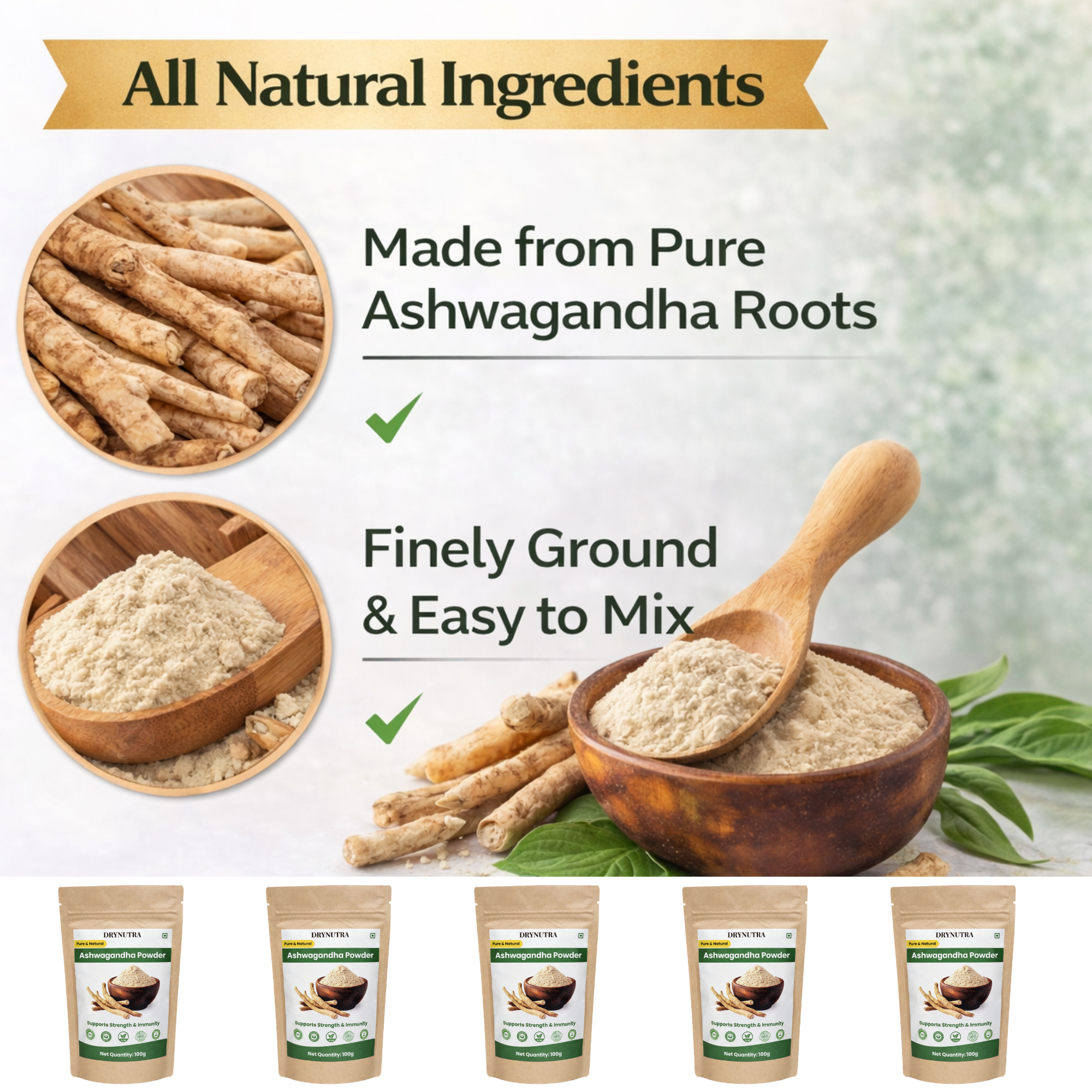 DryNutra Ashwagandha Powder – 100% Pure & Natural Withania Somnifera Root Powder | Stress Relief | Energy & Immunity Support | Ayurvedic Herbal Supplement