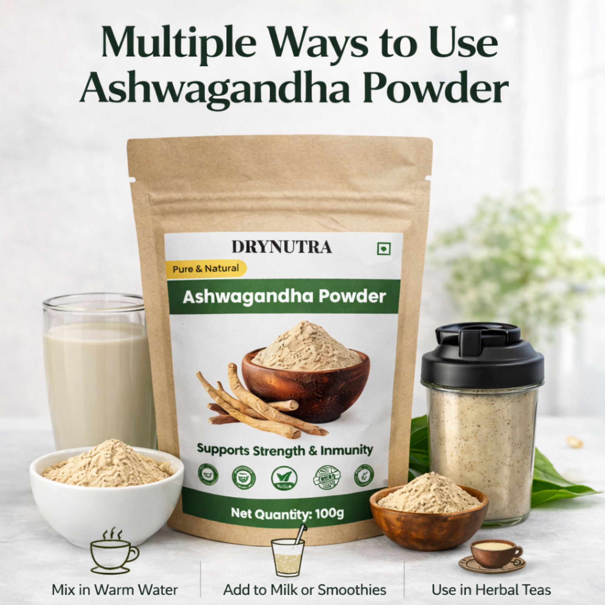 DryNutra Ashwagandha Powder – 100% Pure & Natural Withania Somnifera Root Powder | Stress Relief | Energy & Immunity Support | Ayurvedic Herbal Supplement