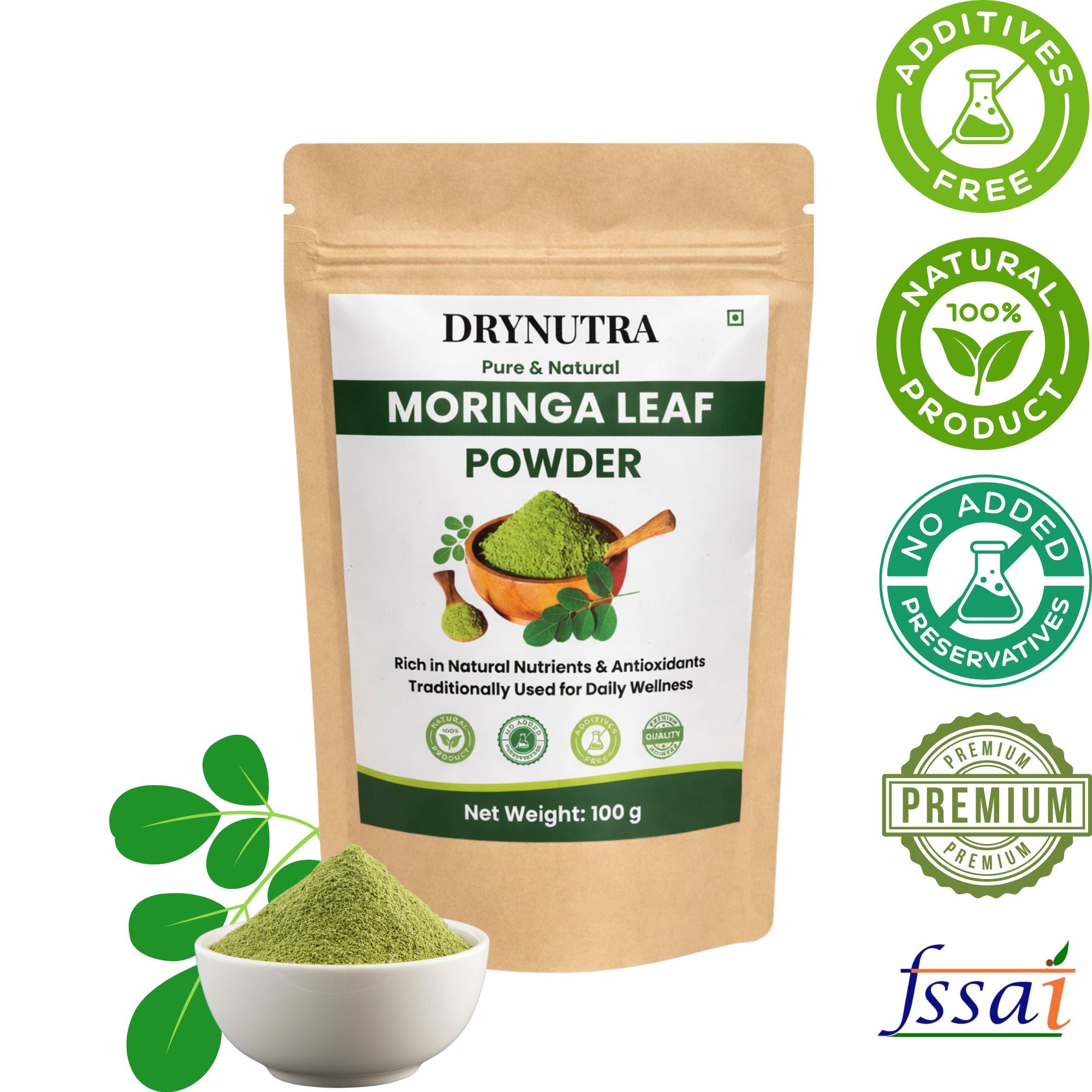 Drynutra Natural Moringa Powder | 100% Natural Drumstick Leaf Powder | Energy & Immunity Support | 100g